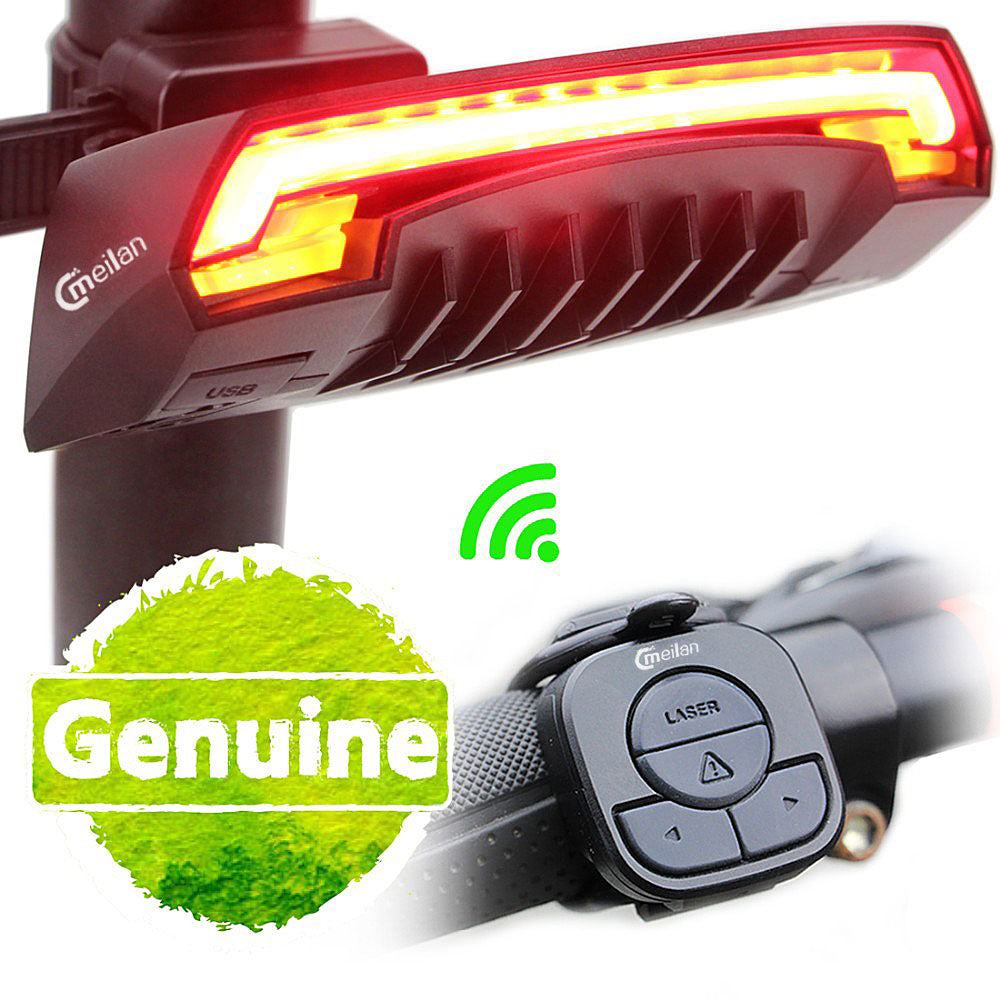 Prime District wireless bike tail light with LED directional turn signals and handlebar remote control.