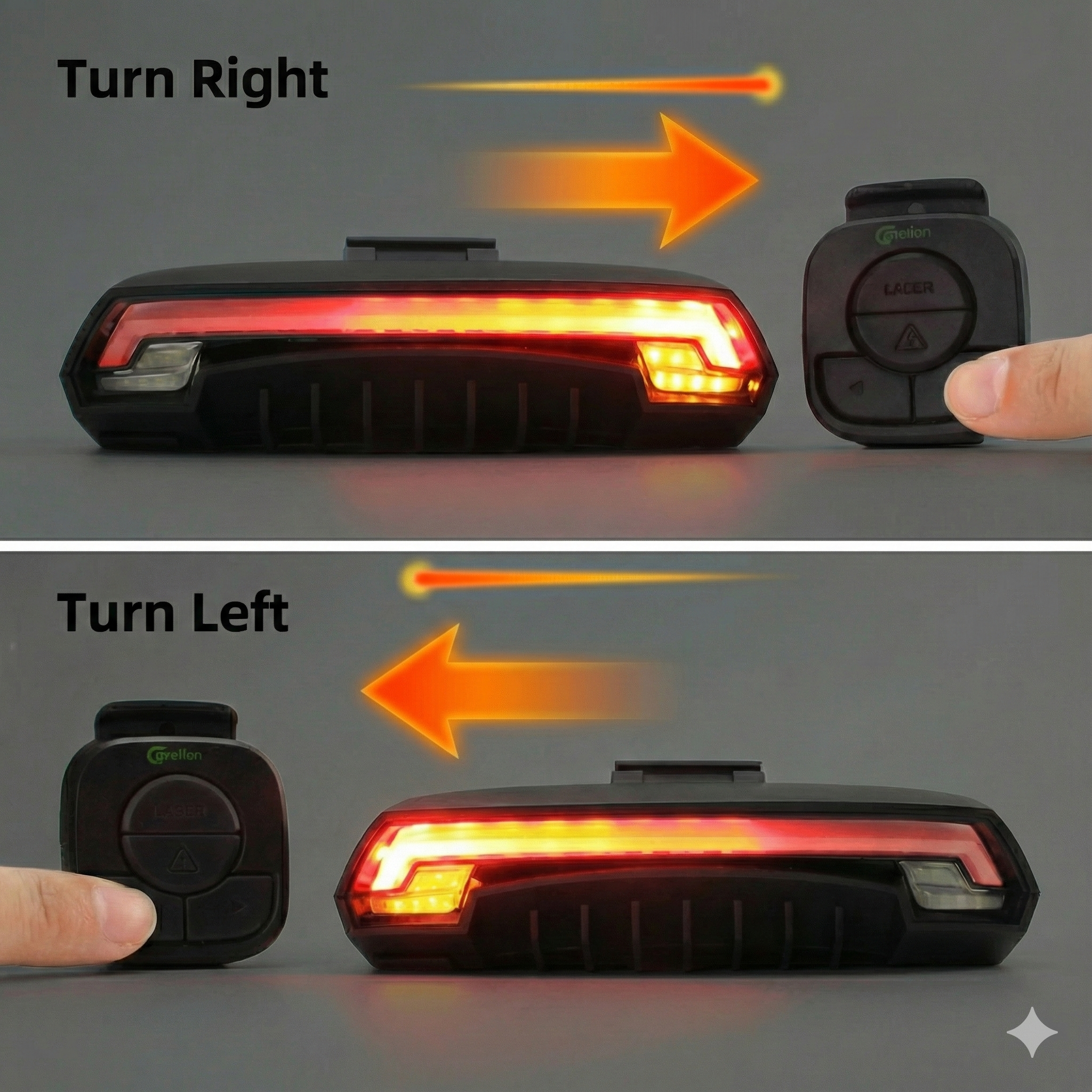 Prime District wireless bike tail light with LED directional turn signals and handlebar remote control.
